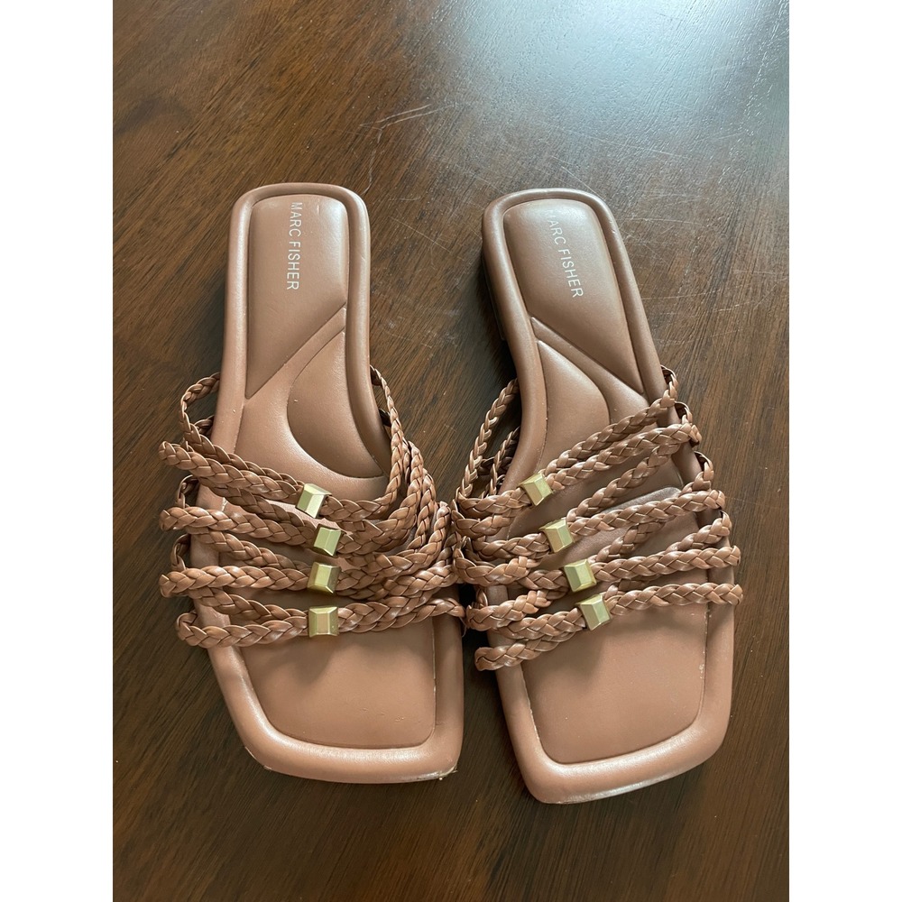 Marc Fisher Slide Sandals Womens 8.5 Brown Braided Square Toe Gold Stud Boho